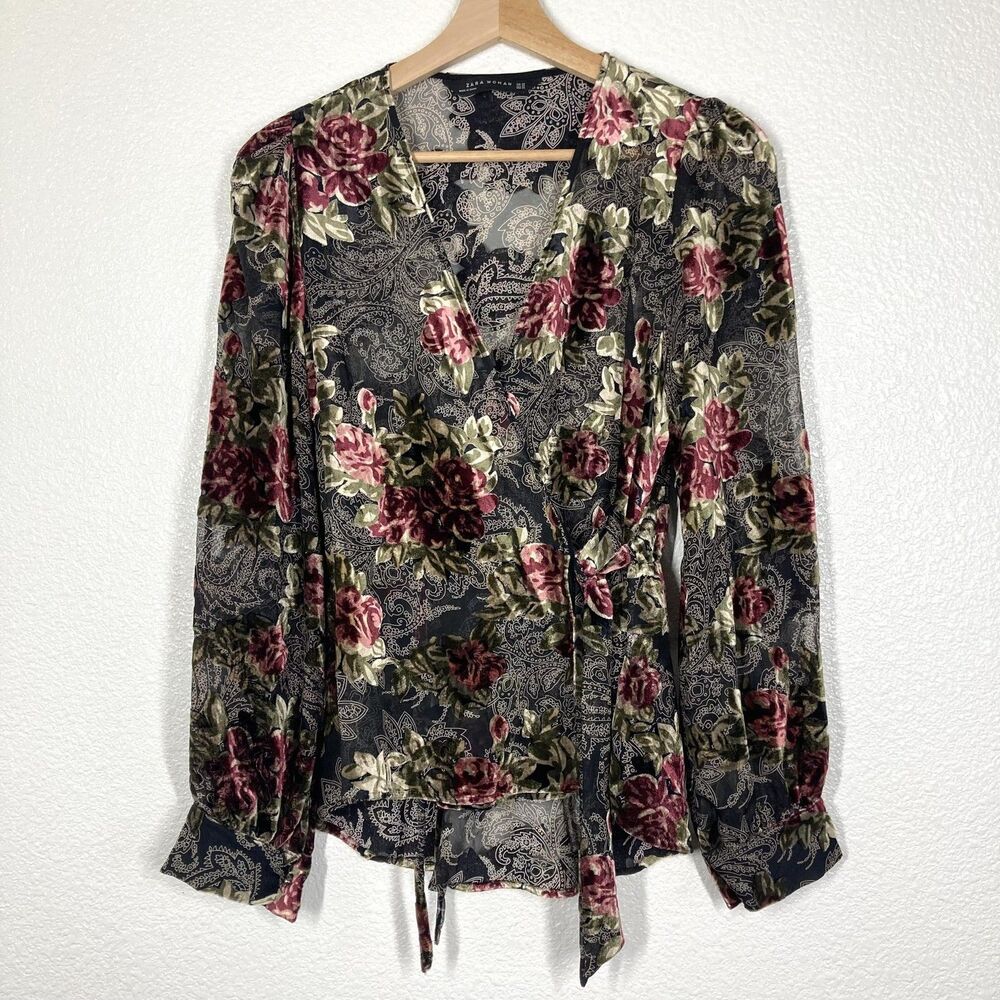 Zara Black Floral Velvet Burnout Wrap Tie Waist Sheer Fairy Top XS